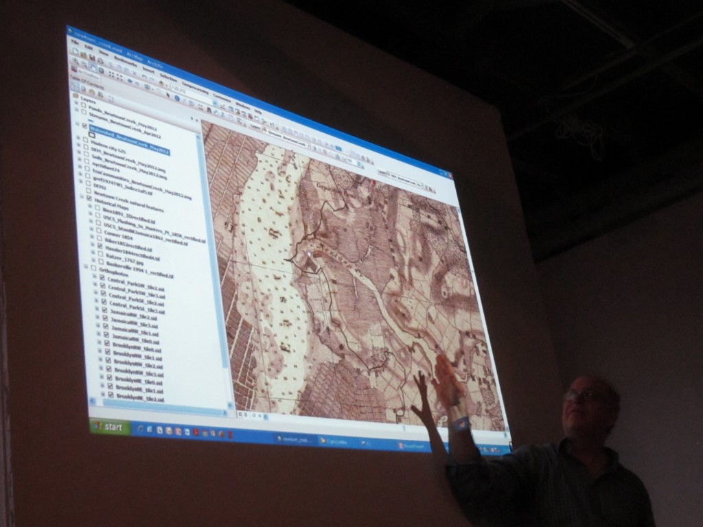Eric Sanderson with historic Newtown Creek map